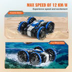 SucceBuy Barco de coche RC anfibio azul/amarillo 2,4 GHz 12 km/h Control remoto eléctrico 360 °   Coche acrobático giratorio, juguetes para piscina de playa y agua