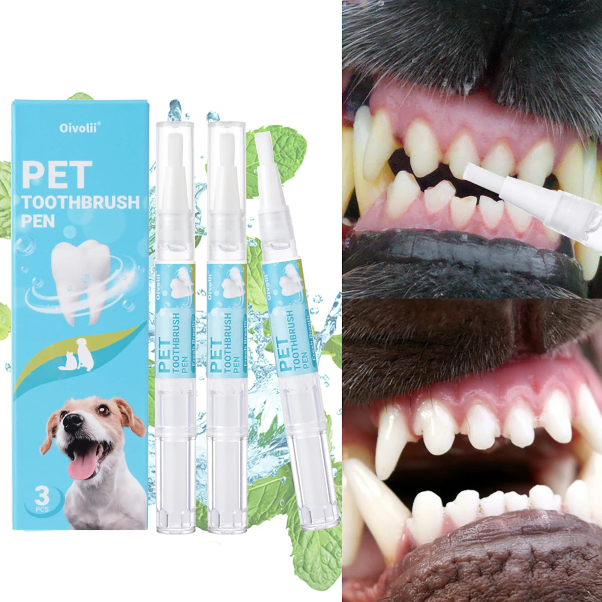 Lápiz Limpiador Dental para Mascotas con Cepillo Suave y Gel Dental para Perros y Gatos, Control de Sarro, Aliento Fresco, Calma las Encías, Fórmula Suave, 3 Unidades por Caja