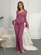 Ropa de dormir para mujer, conjuntos de pijamas de otoño e invierno, dos piezas, Tops y pantalones sexis de manga larga con cuello en V, ropa de descanso para el hogar