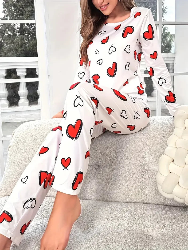 Ropa de dormir de otoño e invierno para mujer, Tops holgados tejidos con cuello redondo y pantalones elásticos largos, conjunto de pijama, ropa de descanso