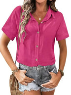 Novedad de verano para mujer, camisas informales, Tops, blusas de manga corta lisas con botones sueltos para mujer, blusa blanca de oficina con solapa a la moda para mujer