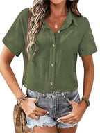 Novedad de verano para mujer, camisas informales, Tops, blusas de manga corta lisas con botones sueltos para mujer, blusa blanca de oficina con solapa a la moda para mujer
