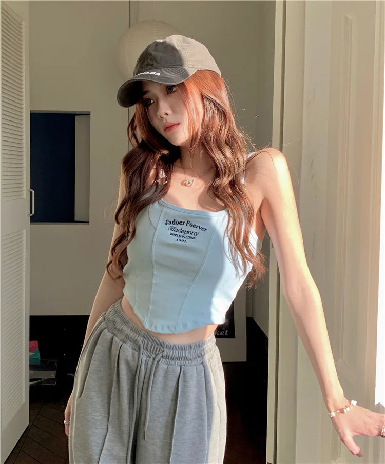 Top corto Y2K para mujer, camiseta sin mangas ajustada con dobladillo, informal, Sexy, ropa de calle blanca, camisetas sin mangas con letras y almohadilla，top mujer tops for women 2023，women's tops tees top y2k