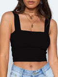 Top corto sin mangas con cuello cuadrado para mujer, camiseta básica informal negra blanca, camisola con hombros descubiertos, camiseta sin mangas Sexy con espalda descubierta