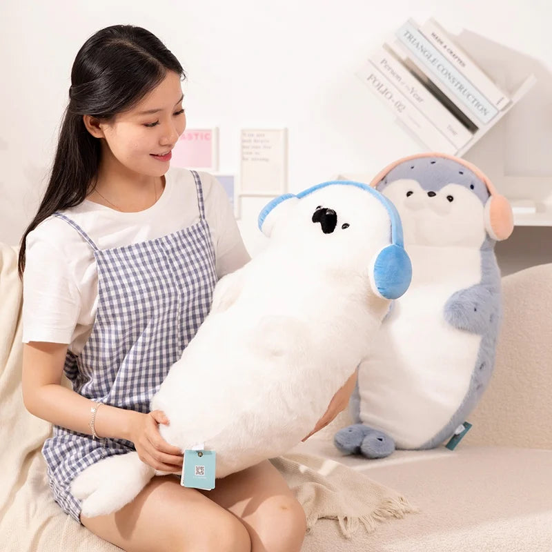 Sello de auriculares de dibujos animados de alta calidad, lontra marina, juguete de peluche, bola, cojín redondo, almohada para niños, regalo de cumpleaños, siesta escolar y sueño