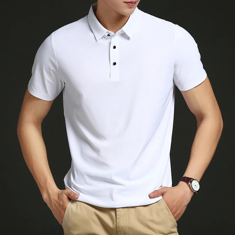 Polo de seda de hielo para hombre, camiseta de manga corta, elástica, sin hierro, fina, ligera, de lujo