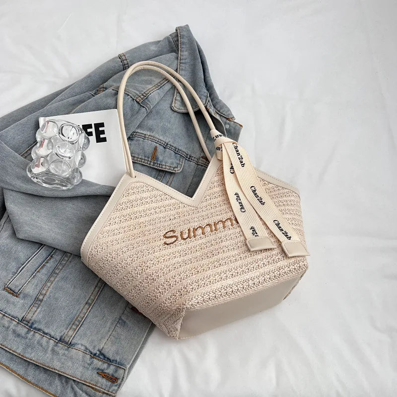 Bolso de hombro de paja para mujer, bolsa de hombro tejida a mano, estilo Retro, ideal para el verano