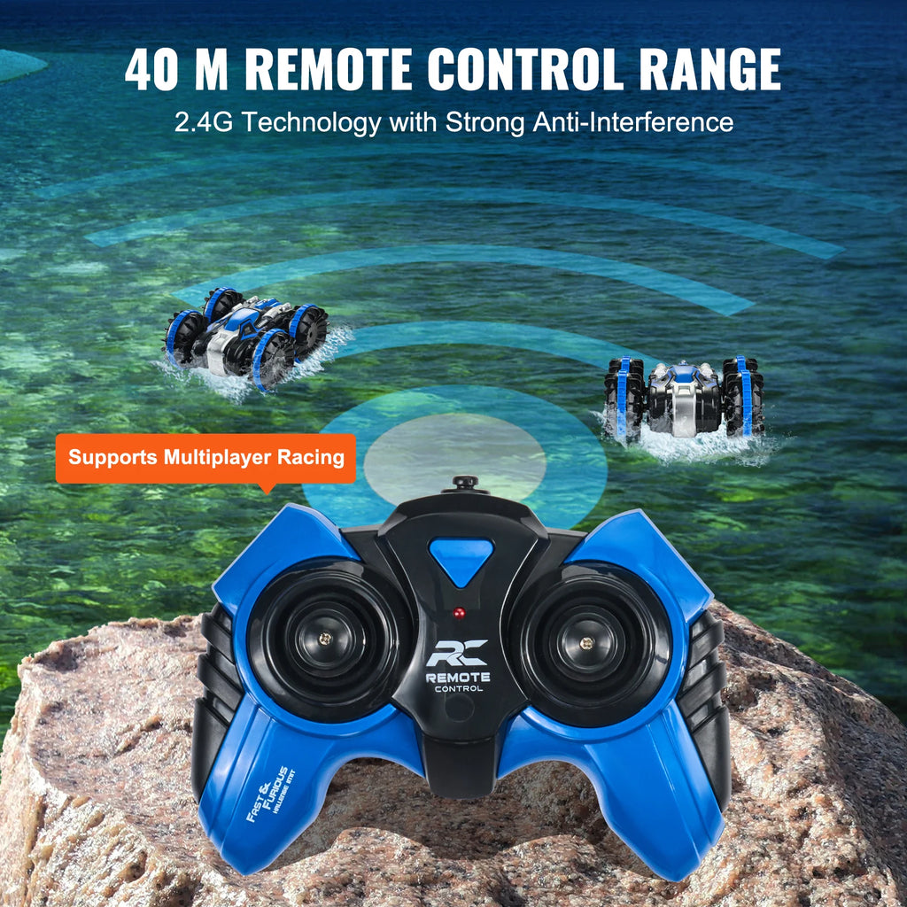 SucceBuy Barco de coche RC anfibio azul/amarillo 2,4 GHz 12 km/h Control remoto eléctrico 360 °   Coche acrobático giratorio, juguetes para piscina de playa y agua