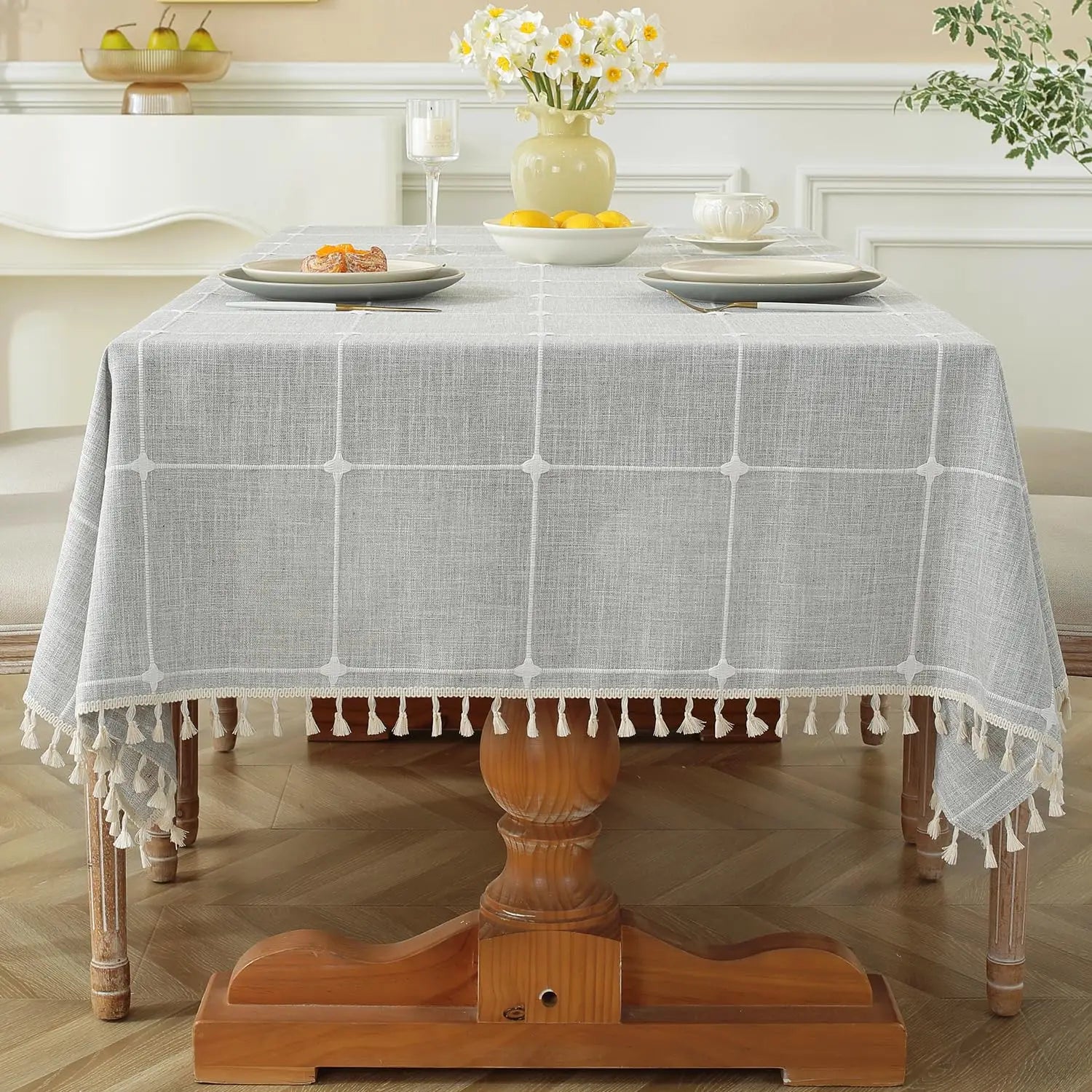 Mantel rectangular a cuadros, mantel de lino y algodón, mantel de granja, suave y sin arrugas, cubierta de mesa con borlas
