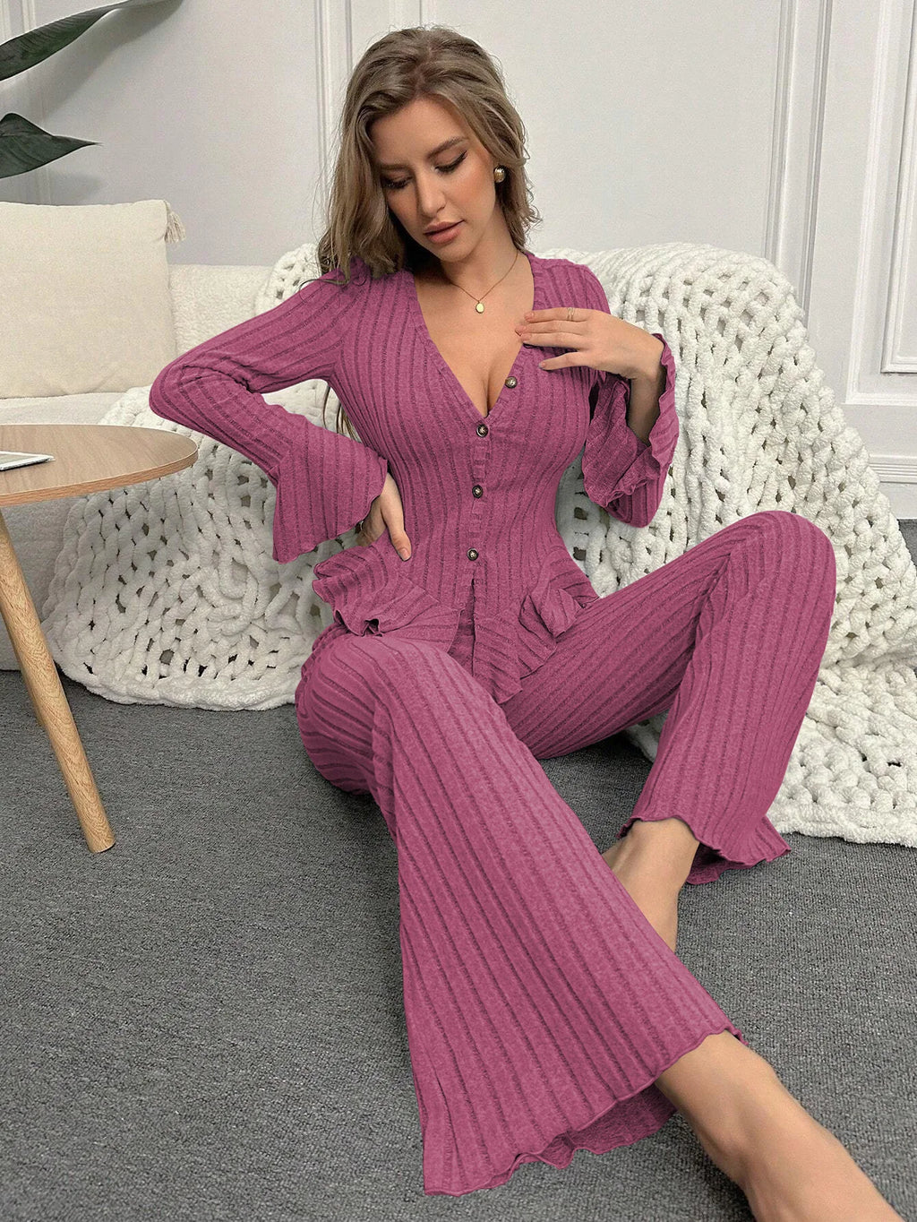 Ropa de dormir para mujer, conjuntos de pijamas de otoño e invierno, dos piezas, Tops y pantalones sexis de manga larga con cuello en V, ropa de descanso para el hogar
