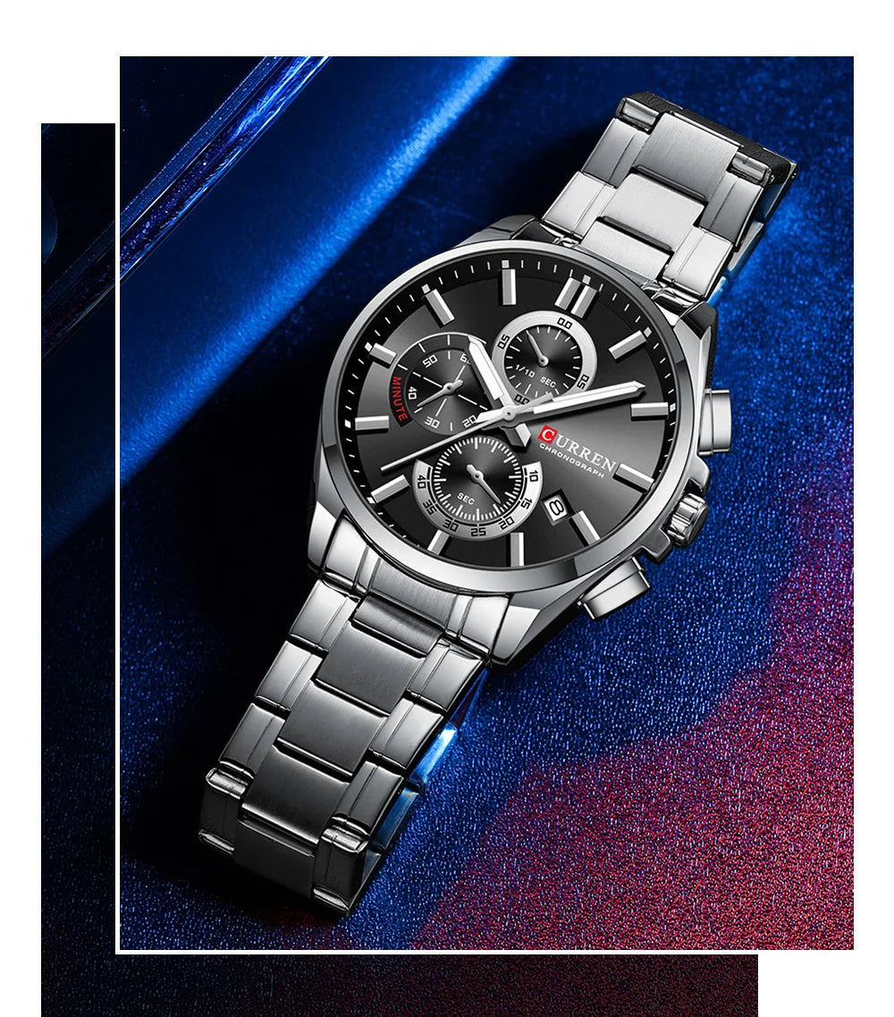 Relojes CURREN para hombre, relojes de lujo de primeras marcas para hombre, cronógrafo Original resistente al agua de acero inoxidable, fase lunar, fecha, esfera giratoria