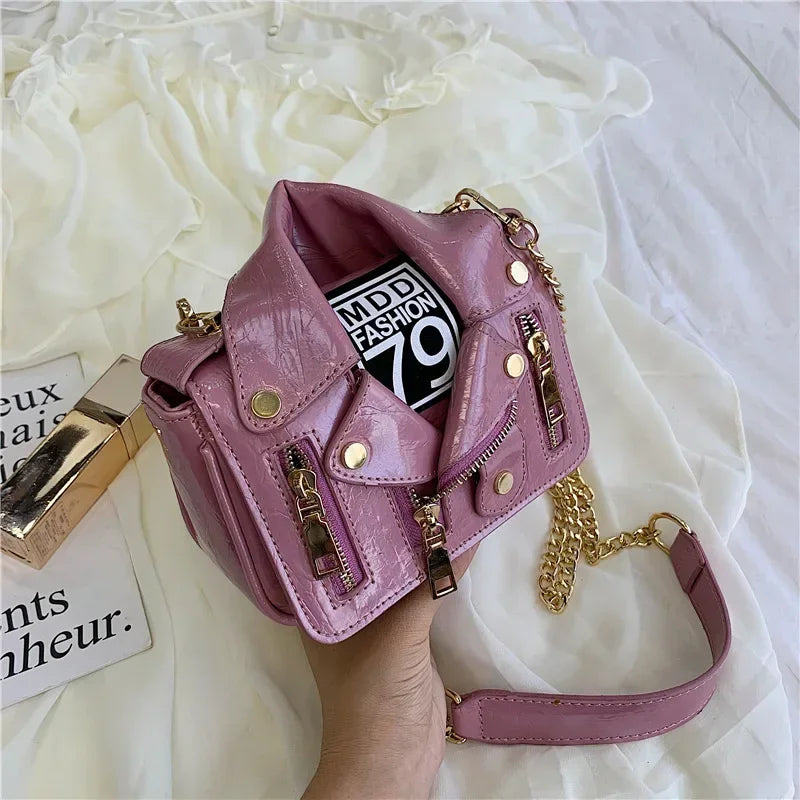Bolsos de motocicleta de diseñador de marca famosa de moda europea, bolso de mensajero de hombro con forma de chaqueta de lujo, bolso de mano de cuero PU