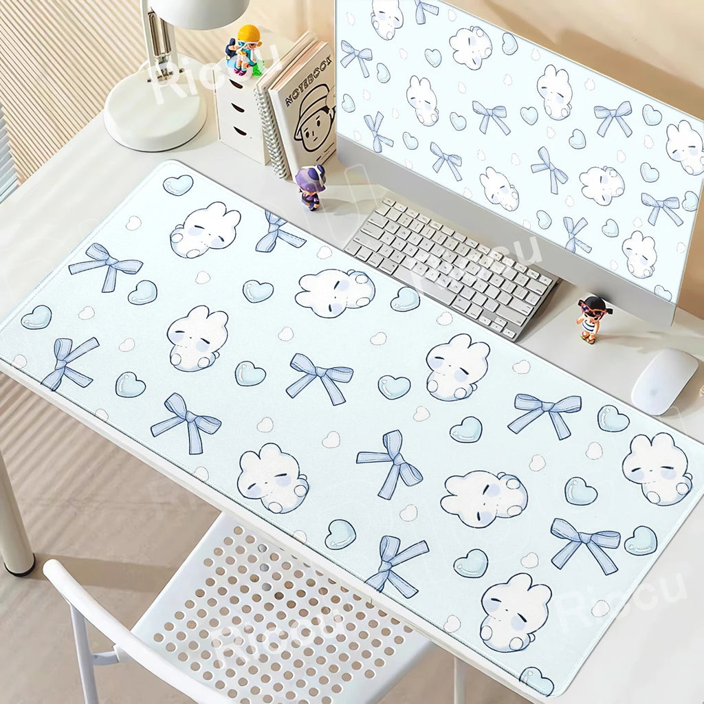 Alfombrilla de Ratón Grande Creativa con Diseño de Conejito con Lazo Azul, Alfombrilla de Escritorio para Oficina, Decoración para PC, Regalo Kawaii para Chicas, Alfombrilla Antideslizante para Computadora