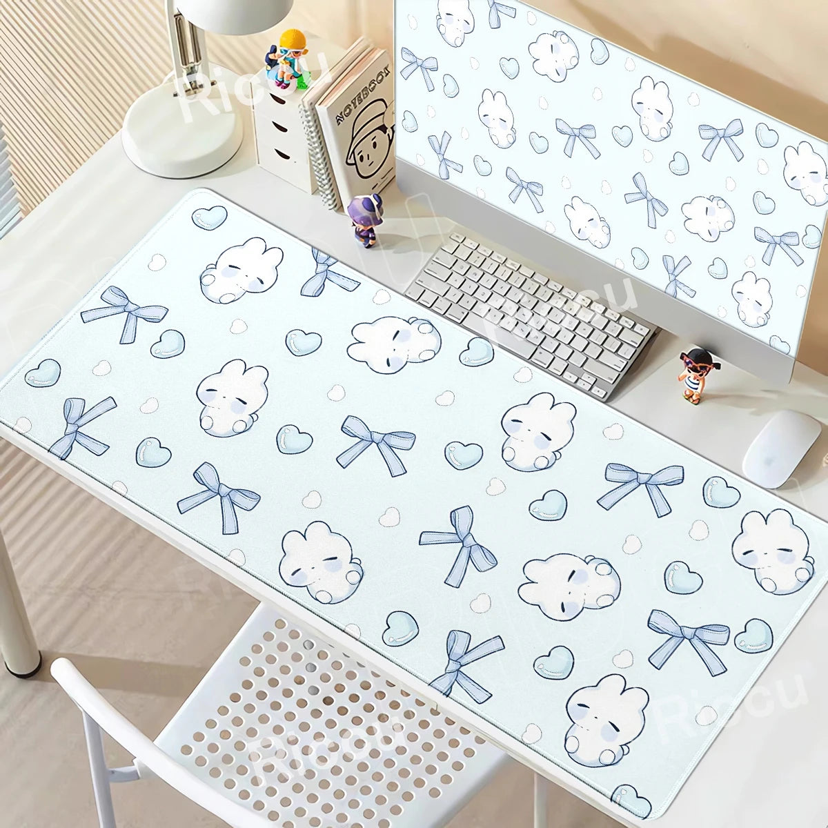 Alfombrilla de Ratón Grande Creativa con Diseño de Conejito con Lazo Azul, Alfombrilla de Escritorio para Oficina, Decoración para PC, Regalo Kawaii para Chicas, Alfombrilla Antideslizante para Computadora