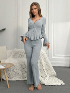 Ropa de dormir para mujer, conjuntos de pijamas de otoño e invierno, dos piezas, Tops y pantalones sexis de manga larga con cuello en V, ropa de descanso para el hogar