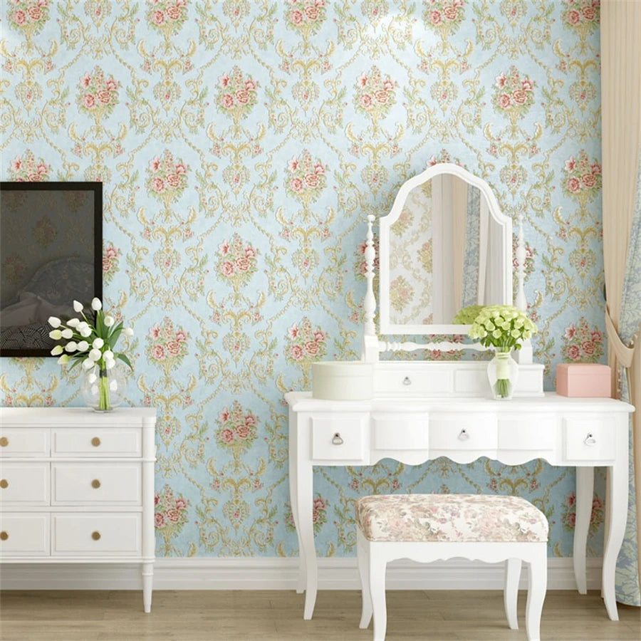 Papel tapiz europeo autoadhesivo flor pastoral pegatinas de pared de lujo autoadhesivo dormitorio sala de estar pared de fondo del hogar wal