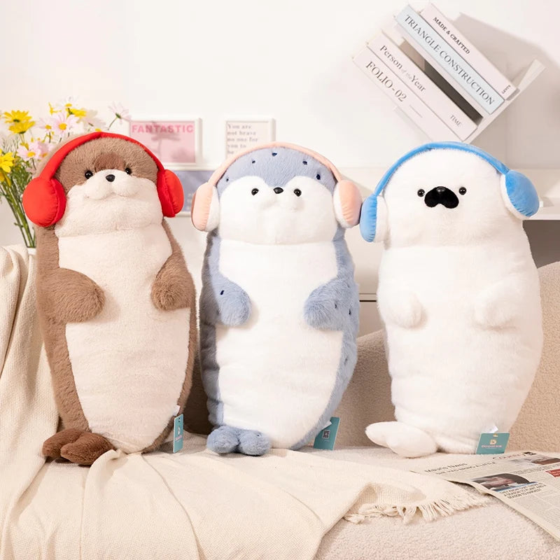 Sello de auriculares de dibujos animados de alta calidad, lontra marina, juguete de peluche, bola, cojín redondo, almohada para niños, regalo de cumpleaños, siesta escolar y sueño