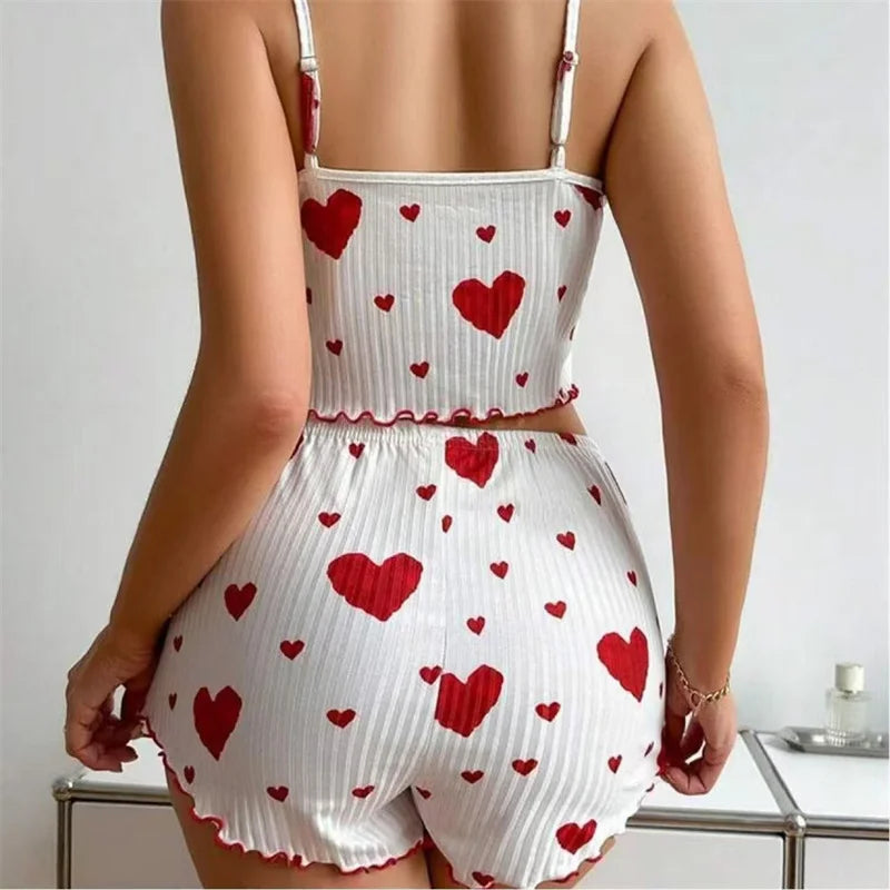 Conjunto de pijamas para mujer, ropa de dormir con tirantes, chaleco y pantalones cortos, ropa de dormir con estampado de corazón rojo, lencería Sexy, 5 tallas, S, L, XL, 2XL