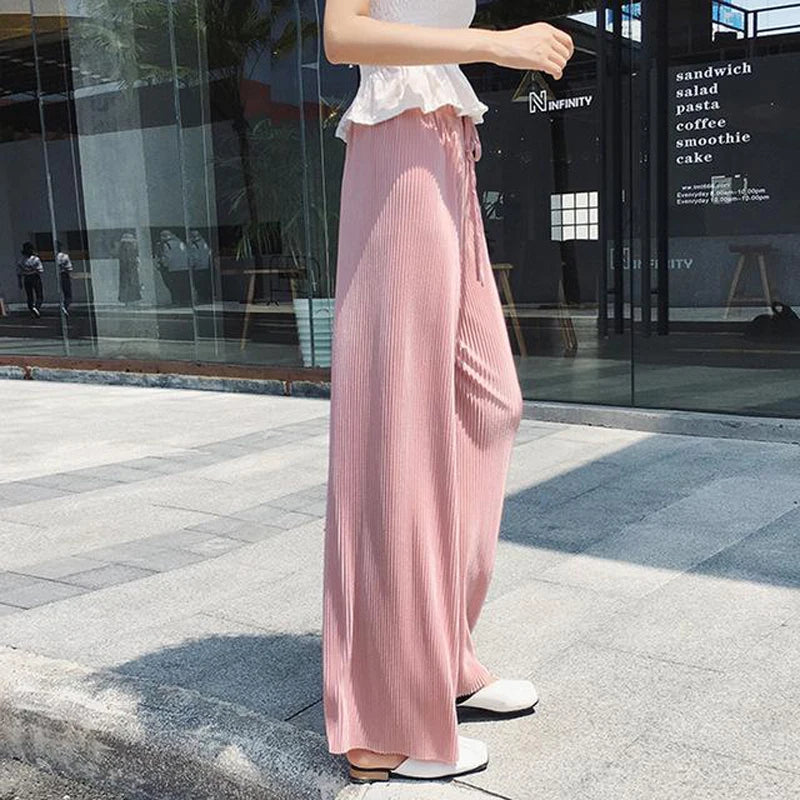 Pantalones de pierna ancha para mujer, pantalón plisado de seda de hielo, cintura elástica, holgado, informal, moda de verano