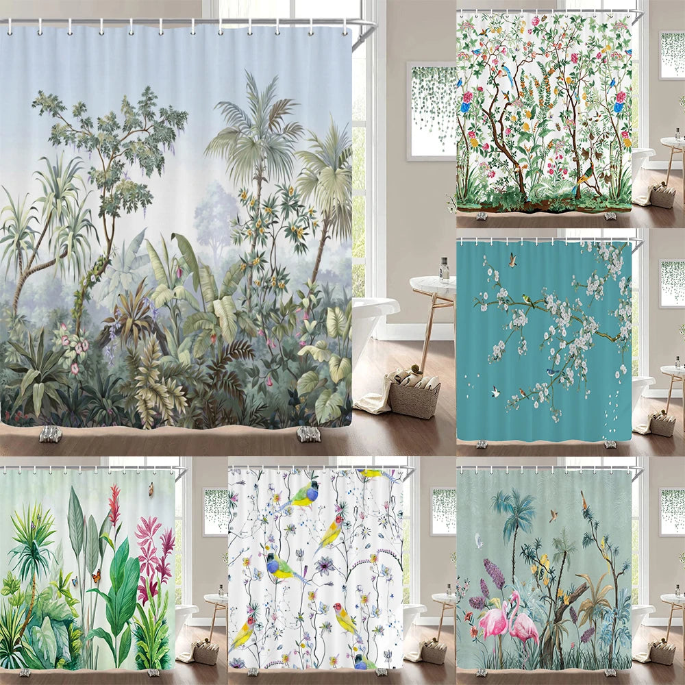 Cortinas de baño de flores, pájaros y plantas europeas, cortina de ducha impermeable, decoración de baño con impresión 3D con gancho, pantalla de baño