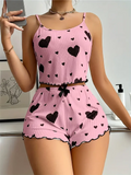 Conjunto de pijamas para mujer, ropa de dormir con tirantes, chaleco y pantalones cortos, ropa de dormir con estampado de corazón rojo, lencería Sexy, 5 tallas, S, L, XL, 2XL