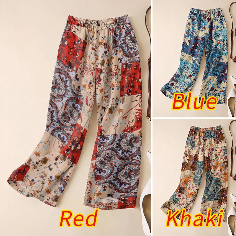 ZANZEA-pantalones informales de pierna ancha para mujer, pantalón Vintage con estampado Floral de Cachemira, cintura elástica, pantalones de algodón transpirables para primavera 2025