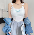 Top corto Y2K para mujer, camiseta sin mangas ajustada con dobladillo, informal, Sexy, ropa de calle blanca, camisetas sin mangas con letras y almohadilla，top mujer tops for women 2023，women's tops tees top y2k