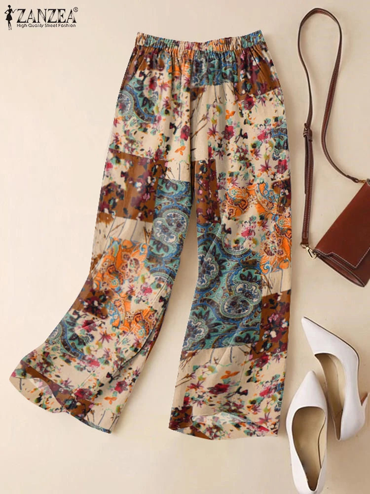 ZANZEA-pantalones informales de pierna ancha para mujer, pantalón Vintage con estampado Floral de Cachemira, cintura elástica, pantalones de algodón transpirables para primavera 2025
