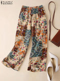 ZANZEA-pantalones informales de pierna ancha para mujer, pantalón Vintage con estampado Floral de Cachemira, cintura elástica, pantalones de algodón transpirables para primavera 2025