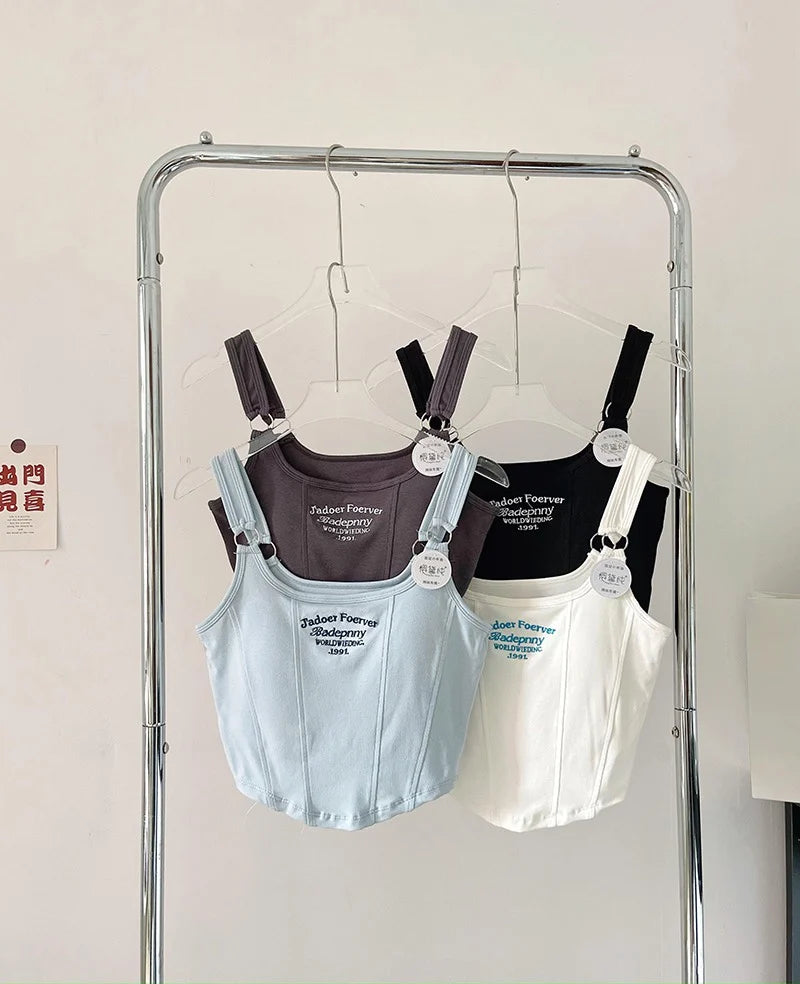 Top corto Y2K para mujer, camiseta sin mangas ajustada con dobladillo, informal, Sexy, ropa de calle blanca, camisetas sin mangas con letras y almohadilla，top mujer tops for women 2023，women's tops tees top y2k