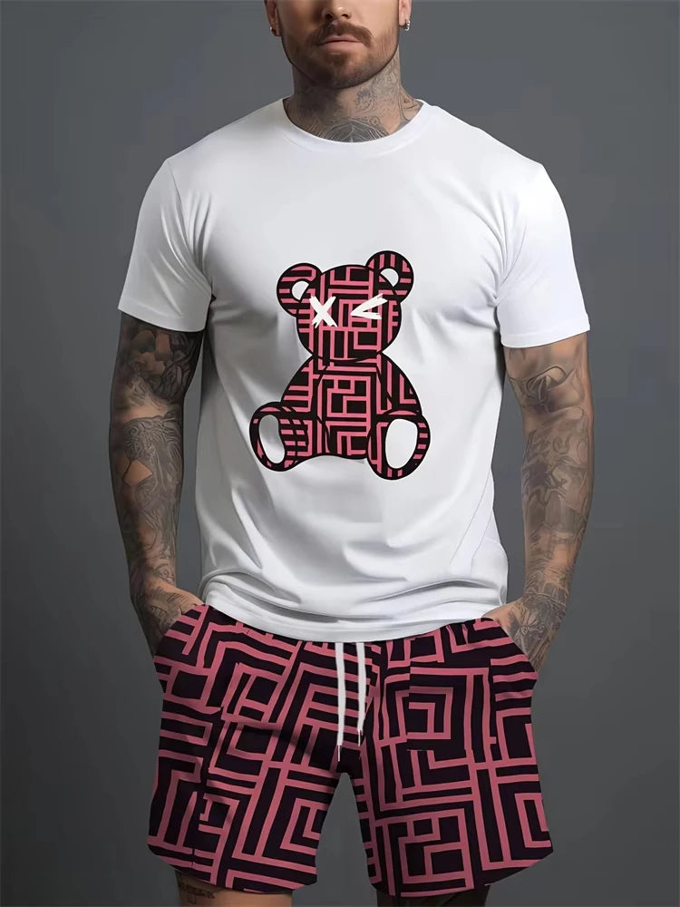 Conjunto informal de verano para hombre, pantalones cortos de playa para deportes al aire libre, moda urbana, estampado de oso, camiseta de manga corta ligera, 2025