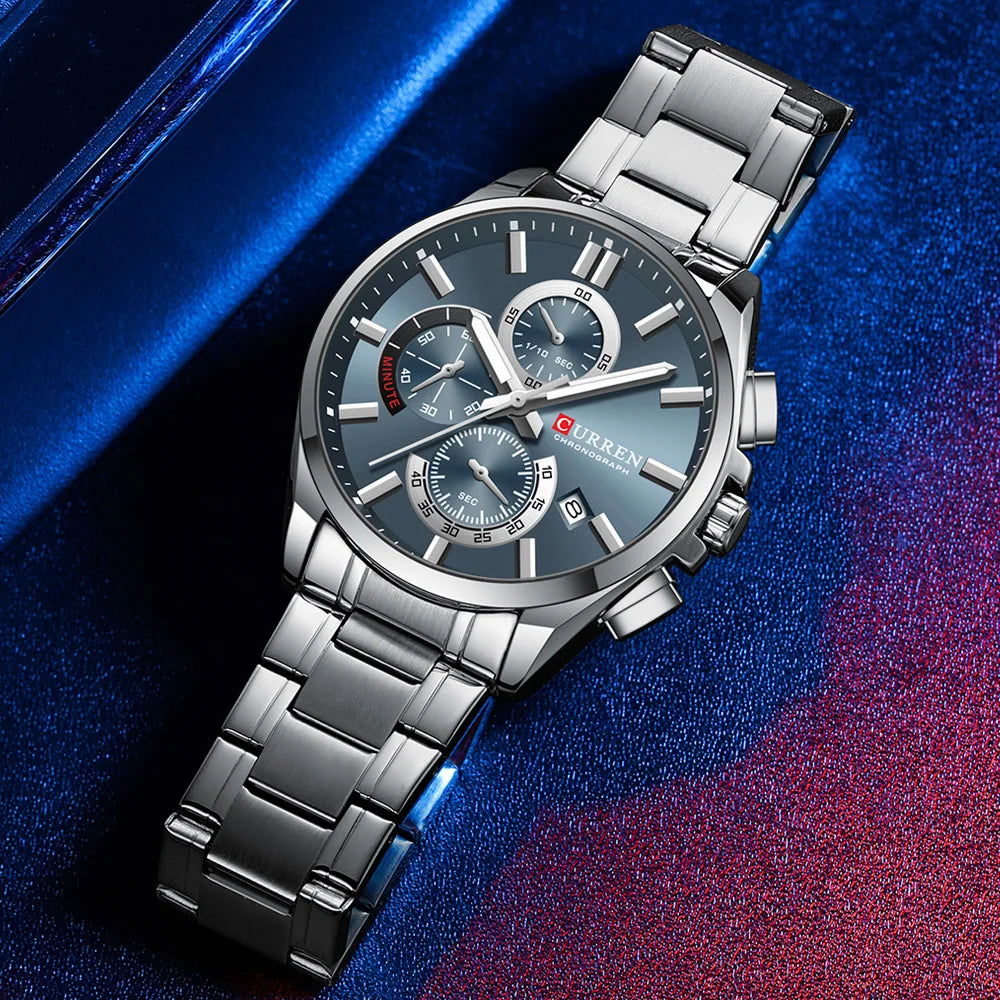 Relojes CURREN para hombre, relojes de lujo de primeras marcas para hombre, cronógrafo Original resistente al agua de acero inoxidable, fase lunar, fecha, esfera giratoria
