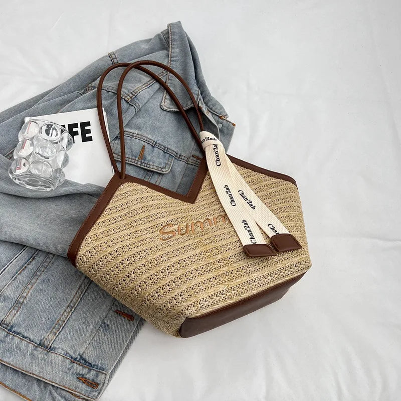 Bolso de hombro de paja para mujer, bolsa de hombro tejida a mano, estilo Retro, ideal para el verano
