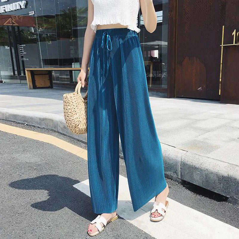 Pantalones de pierna ancha para mujer, pantalón plisado de seda de hielo, cintura elástica, holgado, informal, moda de verano