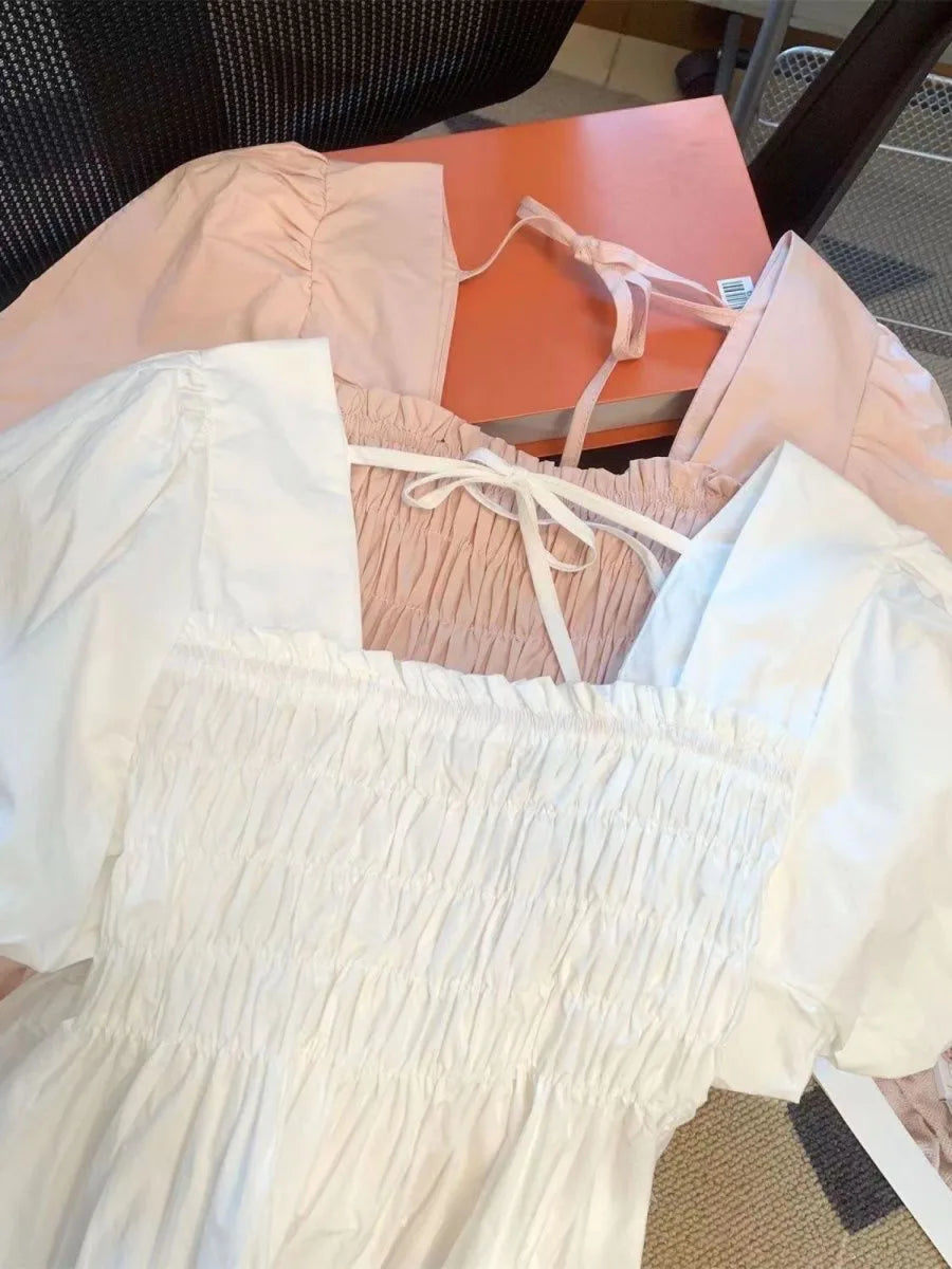 Blusa de Gasa con Manga Abullonada y Cuello Cuad, Estilo Verano 2025, para Mujer, Talla Pequeña