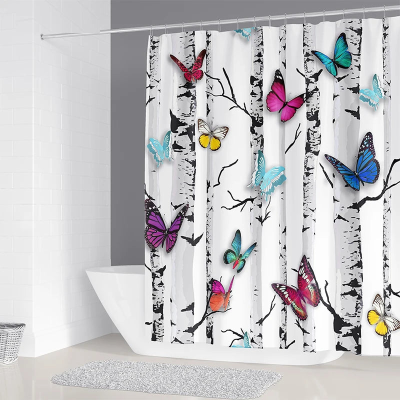 Cortinas de baño de flores, pájaros y plantas europeas, cortina de ducha impermeable, decoración de baño con impresión 3D con gancho, pantalla de baño