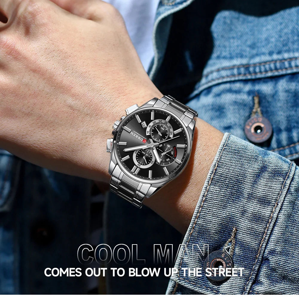 Relojes CURREN para hombre, relojes de lujo de primeras marcas para hombre, cronógrafo Original resistente al agua de acero inoxidable, fase lunar, fecha, esfera giratoria
