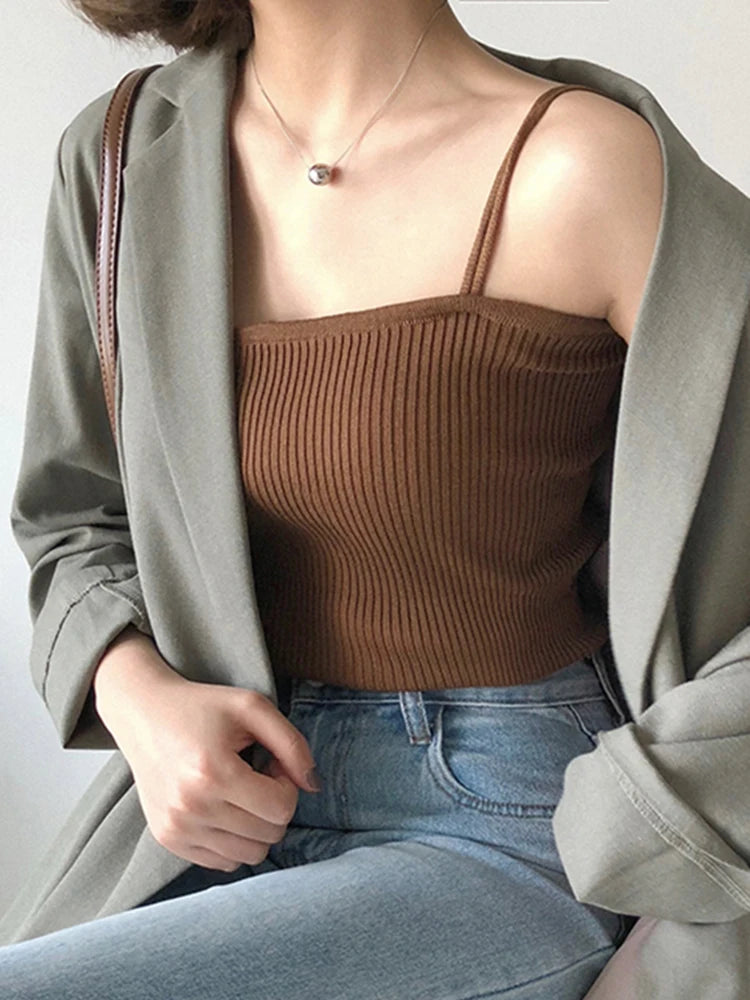 2025 Tops cortos informales con cuello Halter para mujer, camisola sin mangas con tirantes y espalda descubierta, camiseta sin mangas ajustada y sólida, chaleco recortado de tubo para mujer