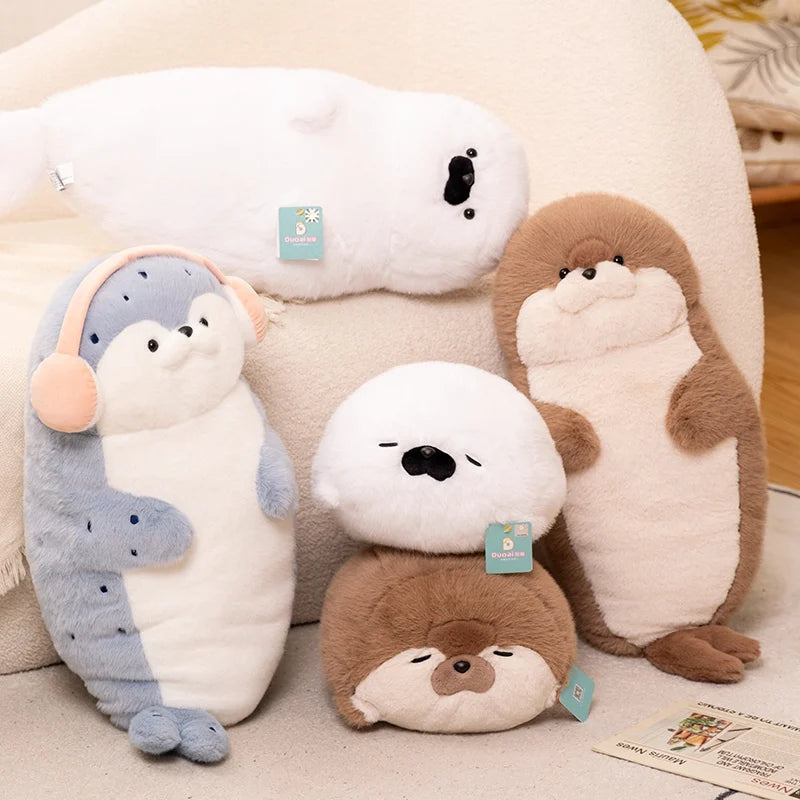 Sello de auriculares de dibujos animados de alta calidad, lontra marina, juguete de peluche, bola, cojín redondo, almohada para niños, regalo de cumpleaños, siesta escolar y sueño