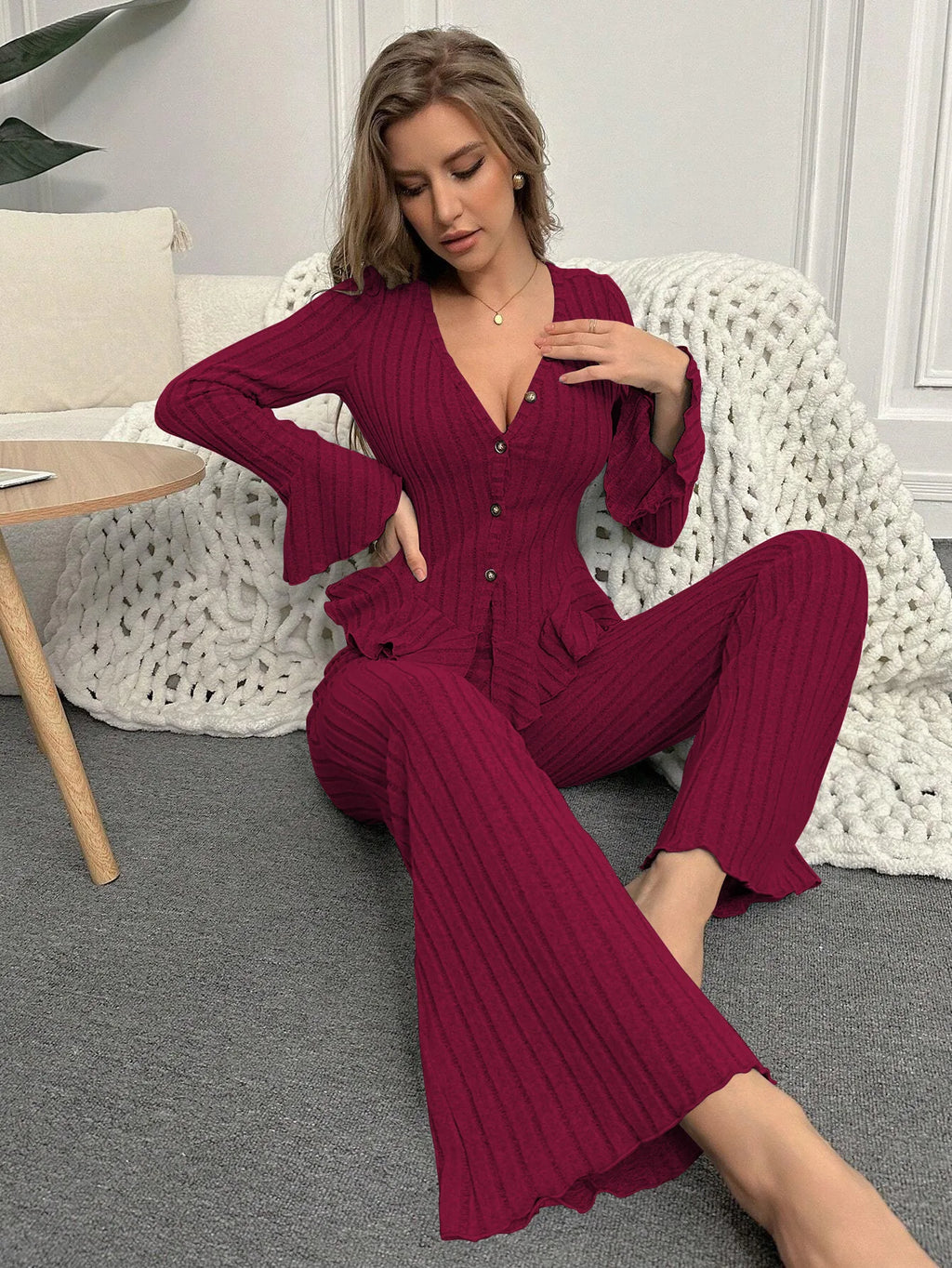 Ropa de dormir para mujer, conjuntos de pijamas de otoño e invierno, dos piezas, Tops y pantalones sexis de manga larga con cuello en V, ropa de descanso para el hogar