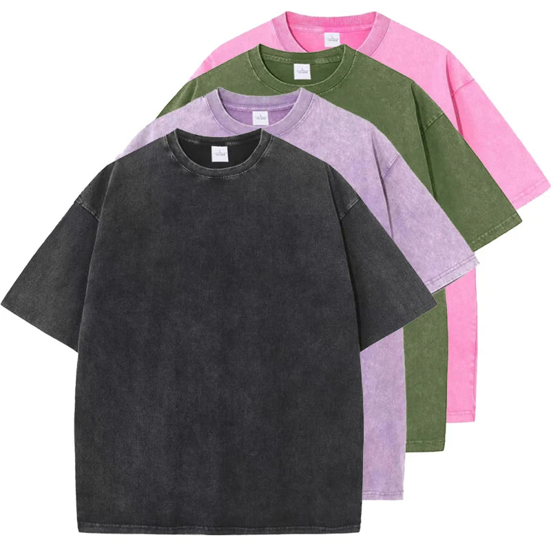 Camisetas Vintage de Color sólido con punto de copo de nieve para hombres/mujeres, camisetas de algodón de manga corta con agua antigua, ropa de Hip Hop