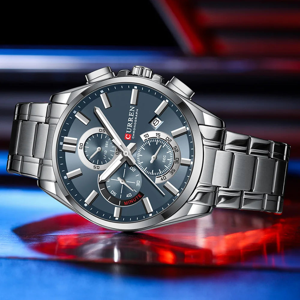 Relojes CURREN para hombre, relojes de lujo de primeras marcas para hombre, cronógrafo Original resistente al agua de acero inoxidable, fase lunar, fecha, esfera giratoria