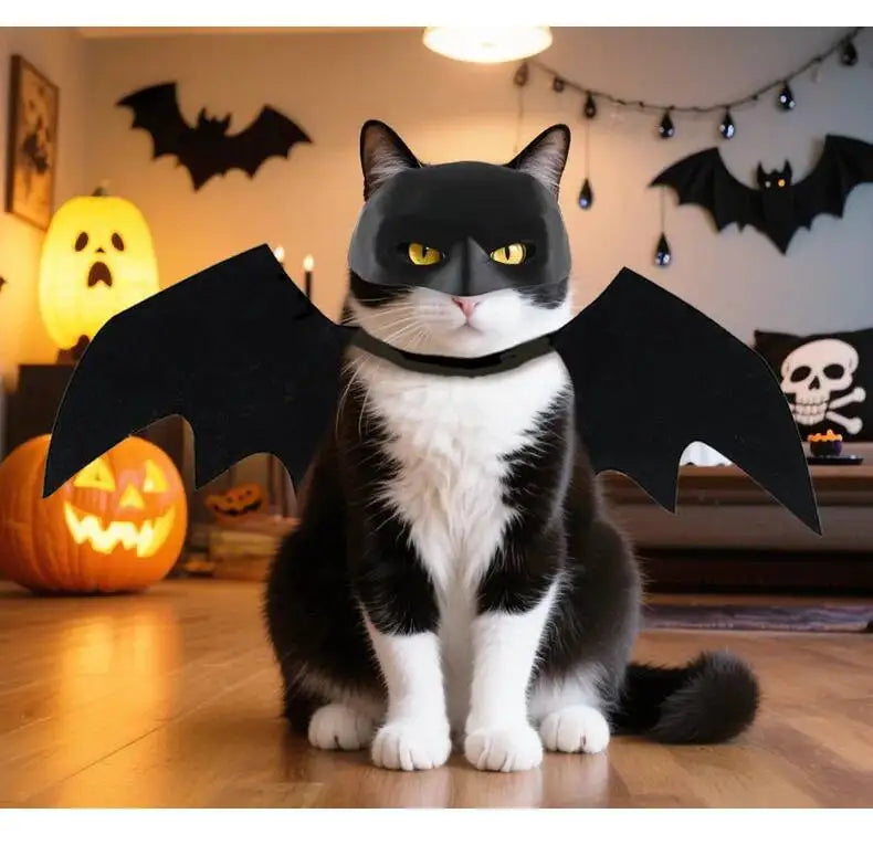 Conjunto de disfraz de murciélago negro para mascotas de Halloween con ala de máscara para gatos, perros, Cosplay creativo, suministros para fiesta de Halloween para mascotas