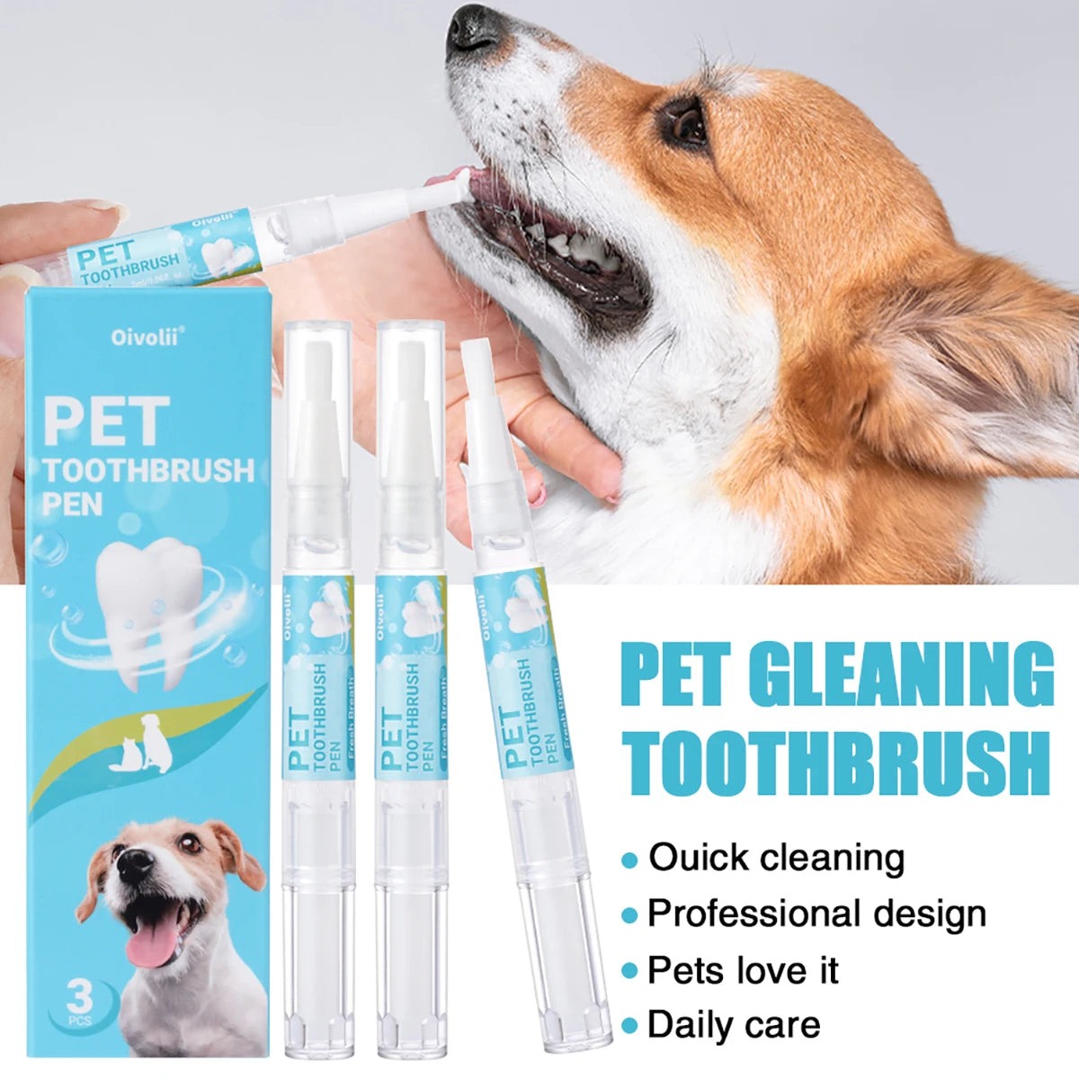 Lápiz Limpiador Dental para Mascotas con Cepillo Suave y Gel Dental para Perros y Gatos, Control de Sarro, Aliento Fresco, Calma las Encías, Fórmula Suave, 3 Unidades por Caja