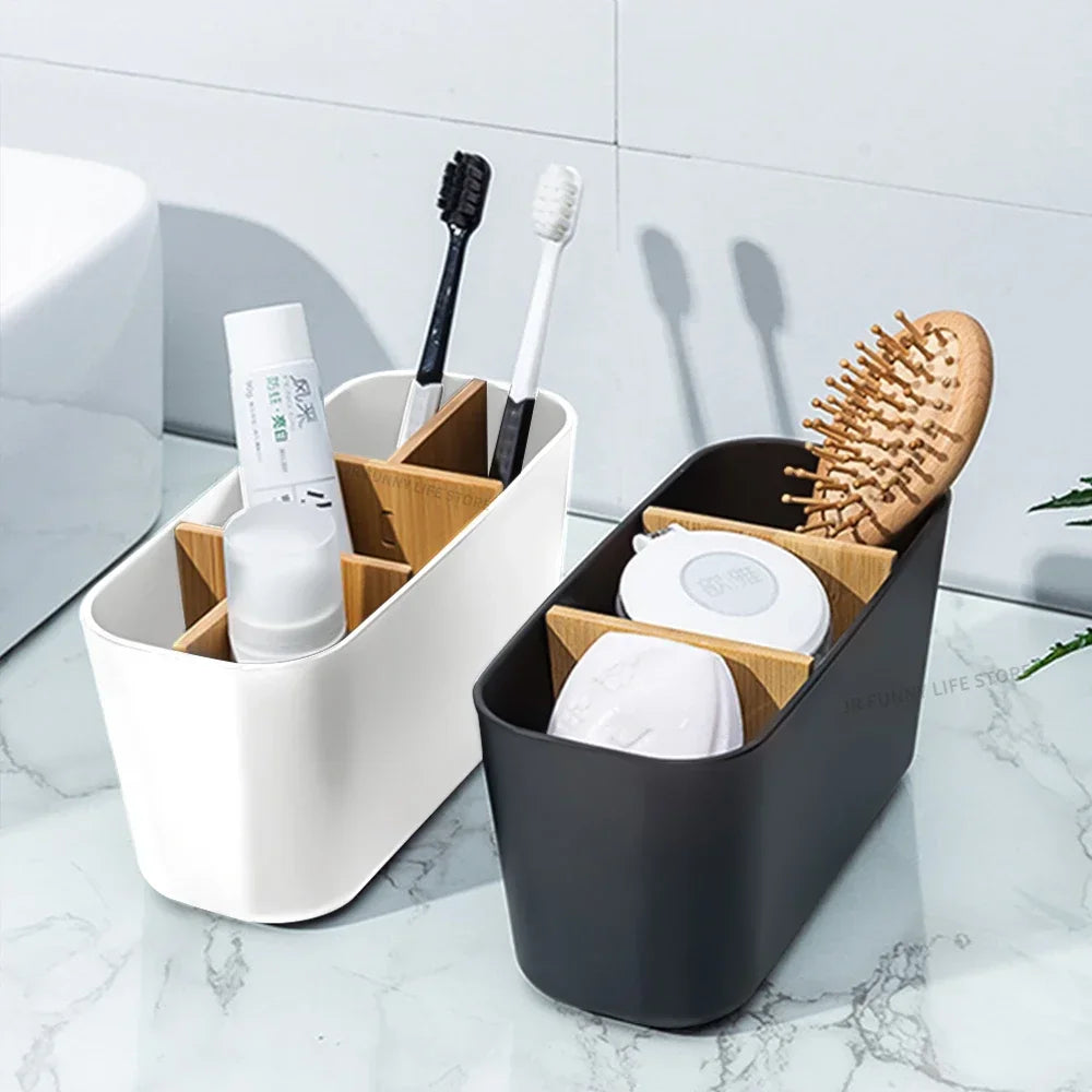 Soporte para cepillo de dientes eléctrico de bambú, caja de almacenamiento para brochas de maquillaje, soporte para pasta de dientes, accesorios de baño