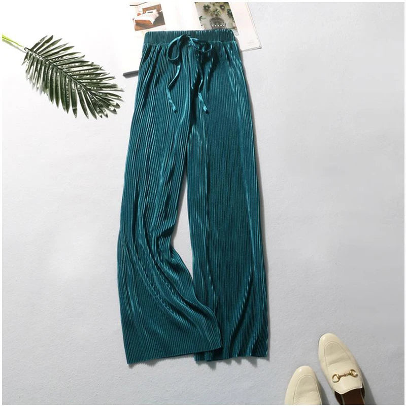 Pantalones de pierna ancha para mujer, pantalón plisado de seda de hielo, cintura elástica, holgado, informal, moda de verano