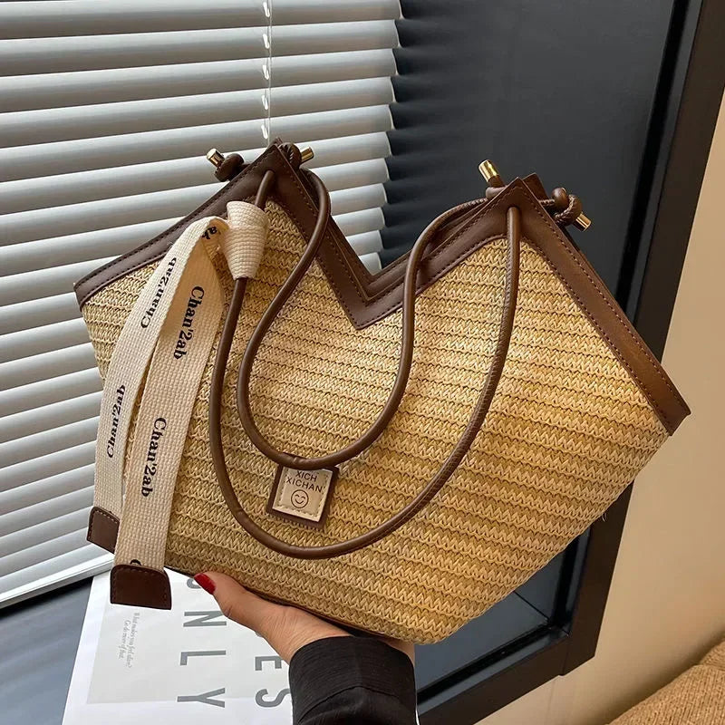 Bolso de hombro de paja para mujer, bolsa de hombro tejida a mano, estilo Retro, ideal para el verano