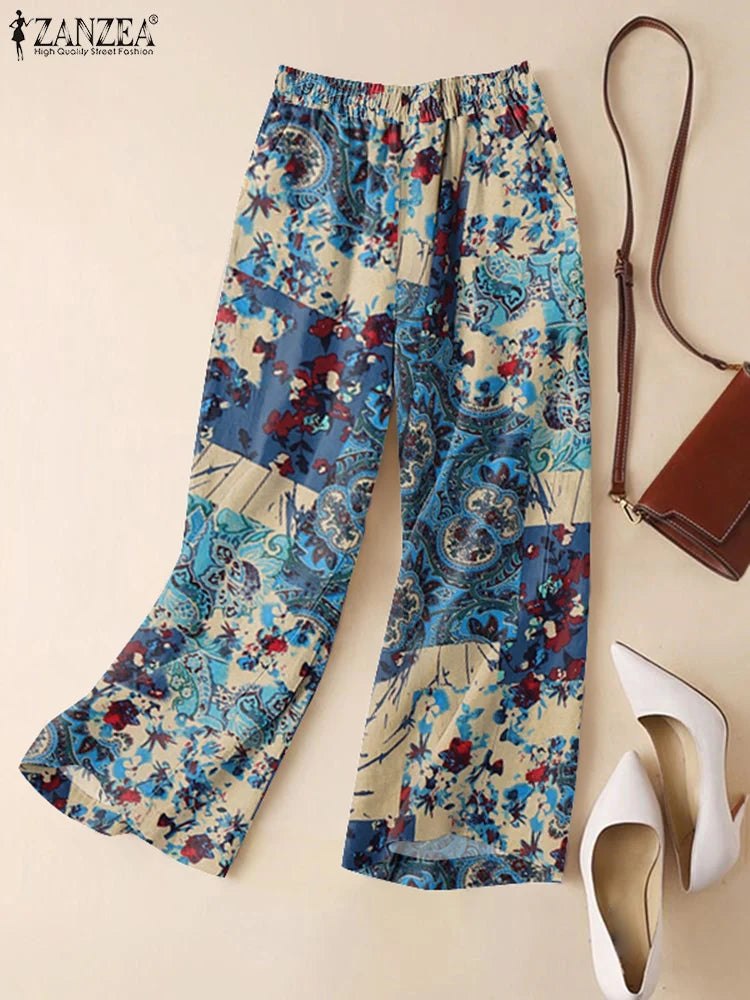 ZANZEA-pantalones informales de pierna ancha para mujer, pantalón Vintage con estampado Floral de Cachemira, cintura elástica, pantalones de algodón transpirables para primavera 2025