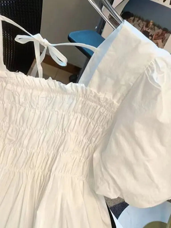 Blusa de Gasa con Manga Abullonada y Cuello Cuad, Estilo Verano 2025, para Mujer, Talla Pequeña