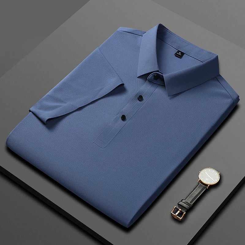 Polo de seda de hielo para hombre, camiseta de manga corta, elástica, sin hierro, fina, ligera, de lujo